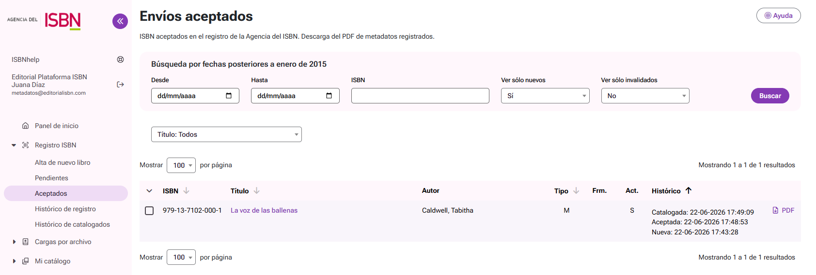 Listado de ISBN registrados en la Agencia del ISBN