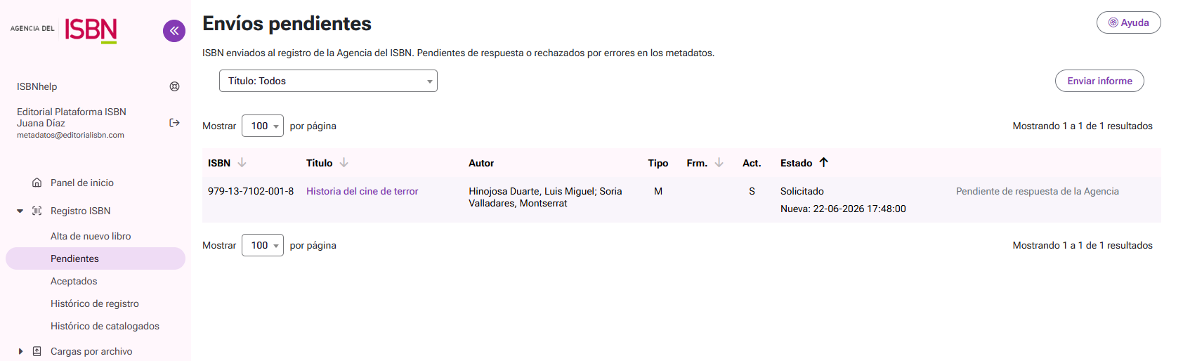 Listado de ISBN pendientes de registro en la Agencia del ISBN
