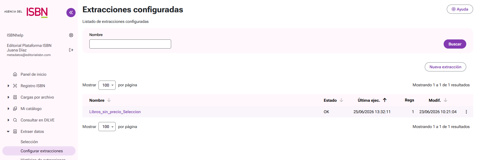 Listado de extracciones de metadatos