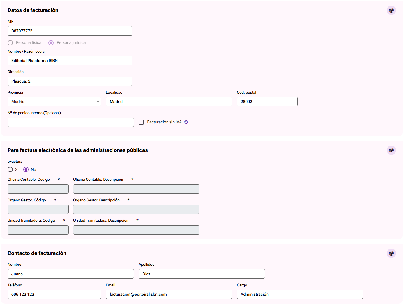 Datos y contacto de facturación