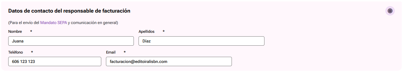 Datos de contacto del responsable de facturación