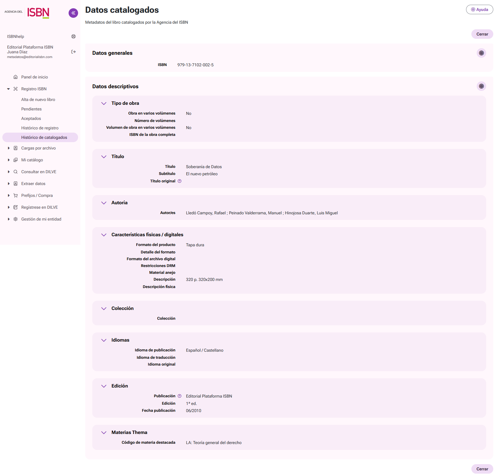Ficha de datos catalogados