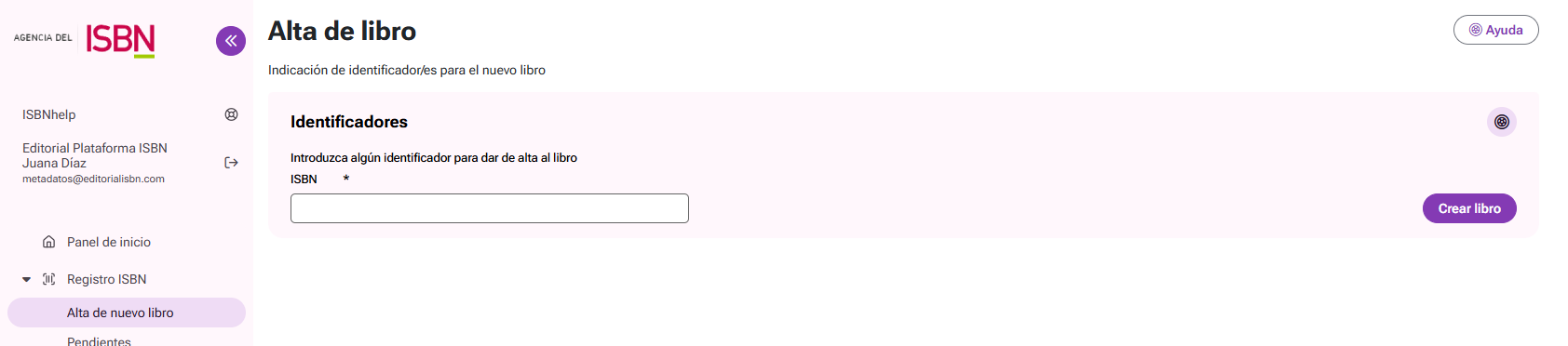 Entrada de
identificador para alta de libro nuevo