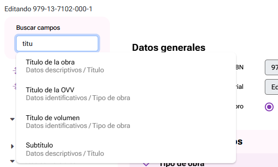 Buscando un campo en el menú de navegación